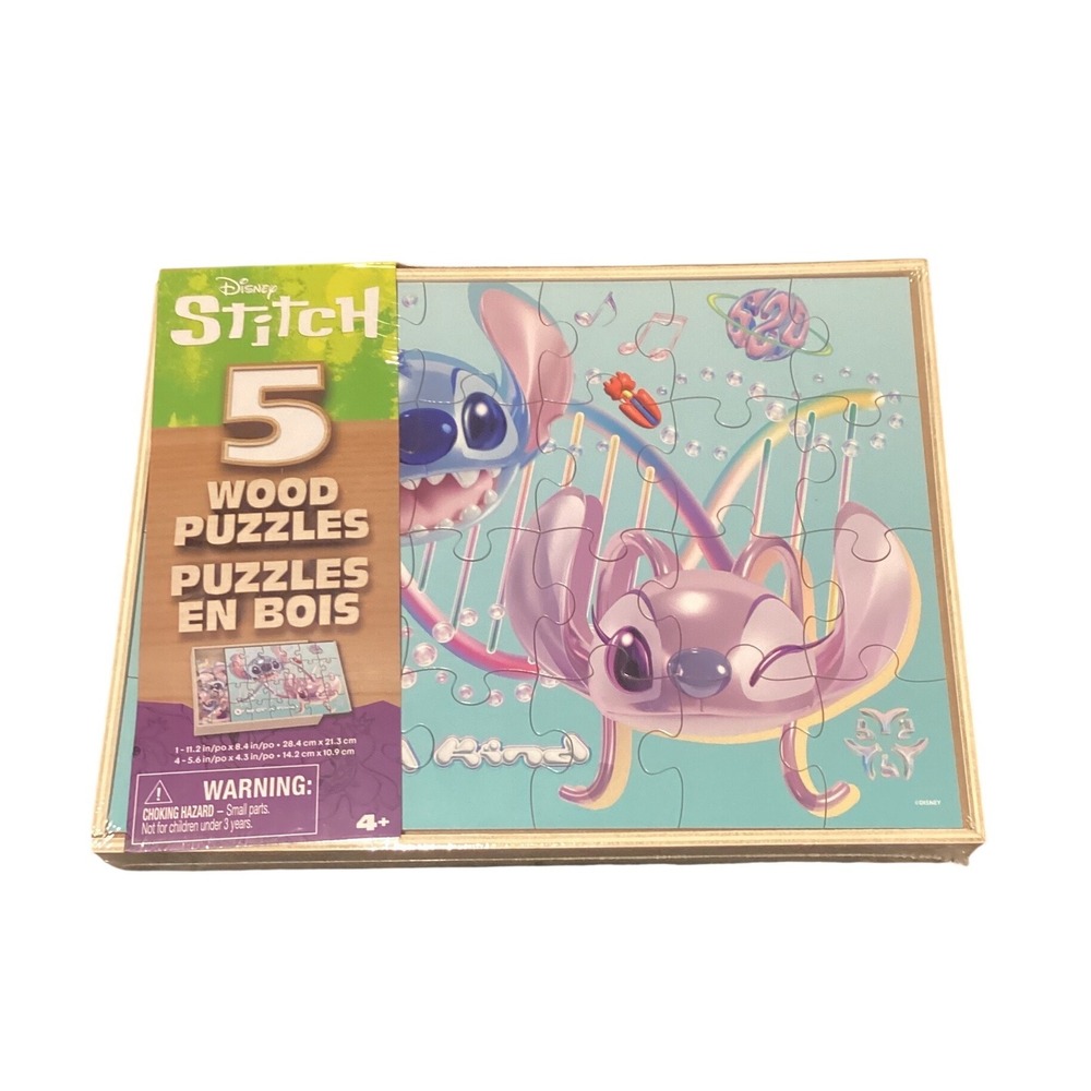 Disney Stitch 5 Wood Puzzles Set with Storage Tray Lilo‎ & Stitch Angel Kids Toy